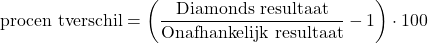 \[\text{procen tverschil}=\left(\frac{\text{Diamonds resultaat}}{\text{Onafhankelijk resultaat}} -1\right)\cdot100\]