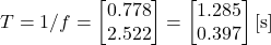 \[T= 1/ f=   \begin{bmatrix} 0.778 \\ 2.522 \end{bmatrix} = \begin{bmatrix} 1.285\\ 0.397 \end{bmatrix} \text{[s]}\]