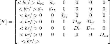 \[\left[K \right]=\begin{bmatrix}<br/>d_{xx} & d_\upsilon & 0 & 0 & 0 & 0\\<br/>d_\upsilon & d_{zz} & 0 & 0 & 0 & 0\\<br/>0 & 0 & d_{xz} & 0 & 0 & 0 \\<br/>0 & 0 & 0 & D_{xx} & D_\upsilon & 0\\<br/>0 & 0 & 0 & D_\upsilon & D_{zz} & 0\\<br/>0 & 0 & 0 & 0 & 0 & D_{xz} \\<br/>\end{bmatrix}\]