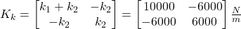 K_k=\begin{bmatrix} k_1+k_2 & -k_2 \\ -k_2 & k_2 \end{bmatrix}=\begin{bmatrix} 10000 & -6000 \\ -6000 & 6000 \end{bmatrix} \frac{N}{m}