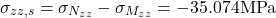 \[\sigma_{zz,s}=\sigma_{N_{zz}}-\sigma_{M_{zz}}=-35.074\text{MPa}\]